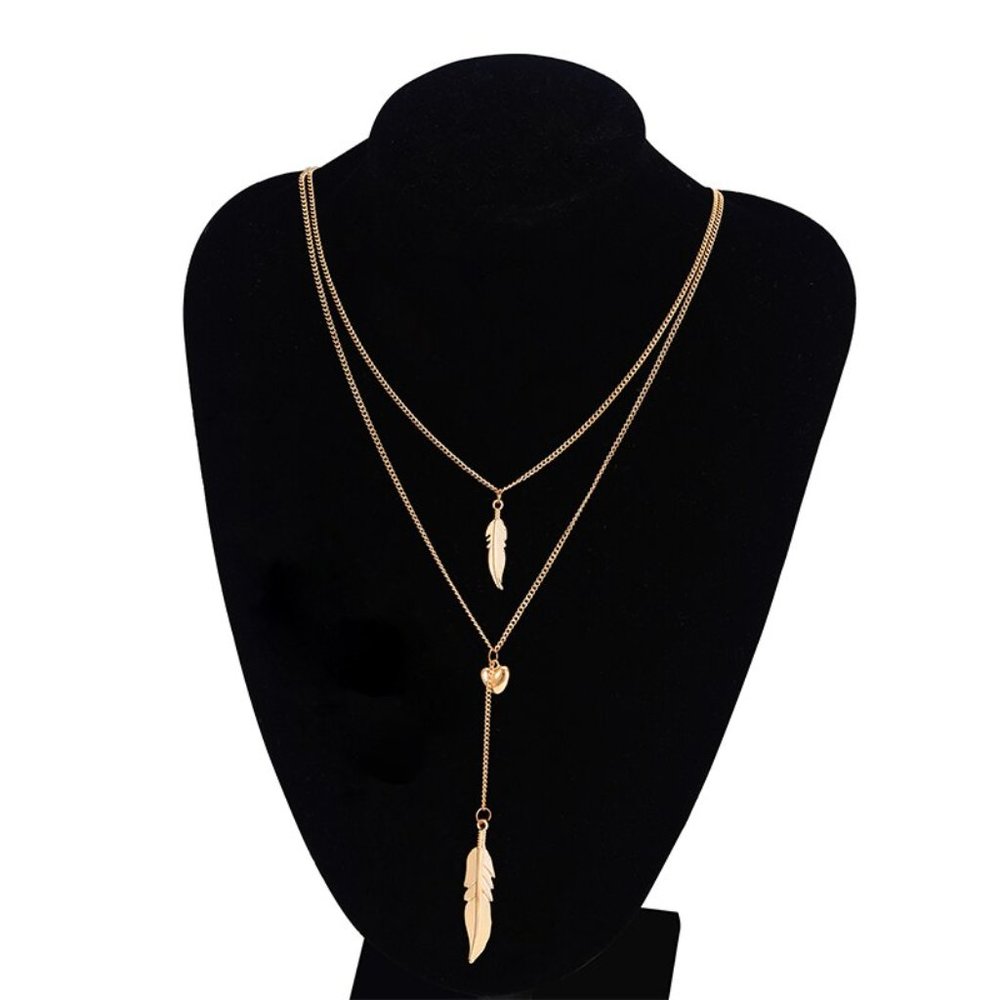 Double Necklace With Two Feather Pendants + Heart